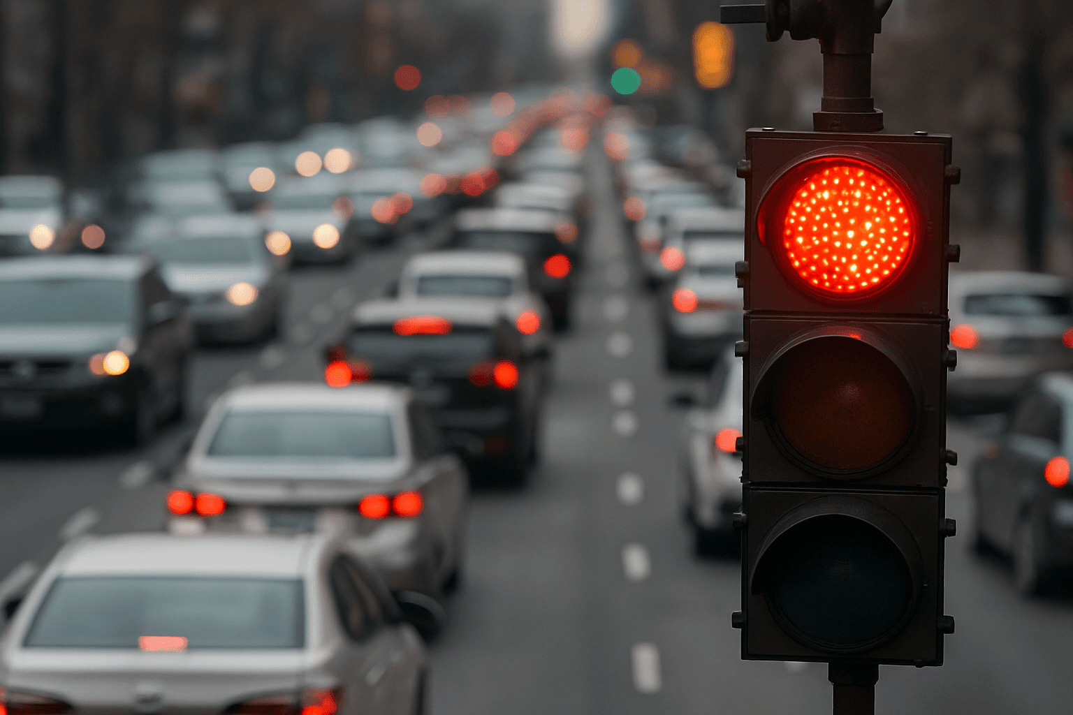 Red traffic light in foreground with blurred busy street traffic and car lights in background